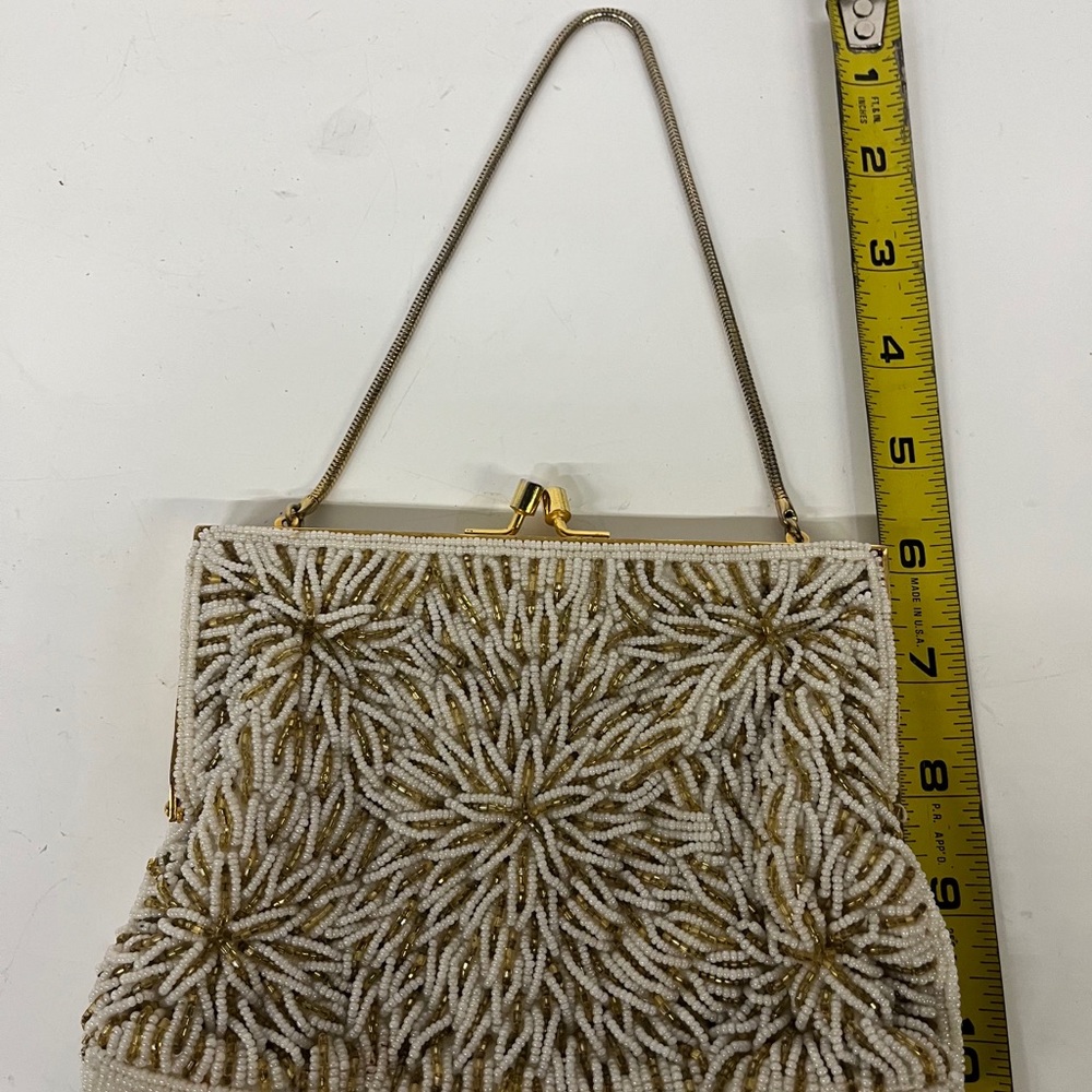 Vintage French handmade White Beaded Clutch with Gold Floral Burst - Picture 9 of 9